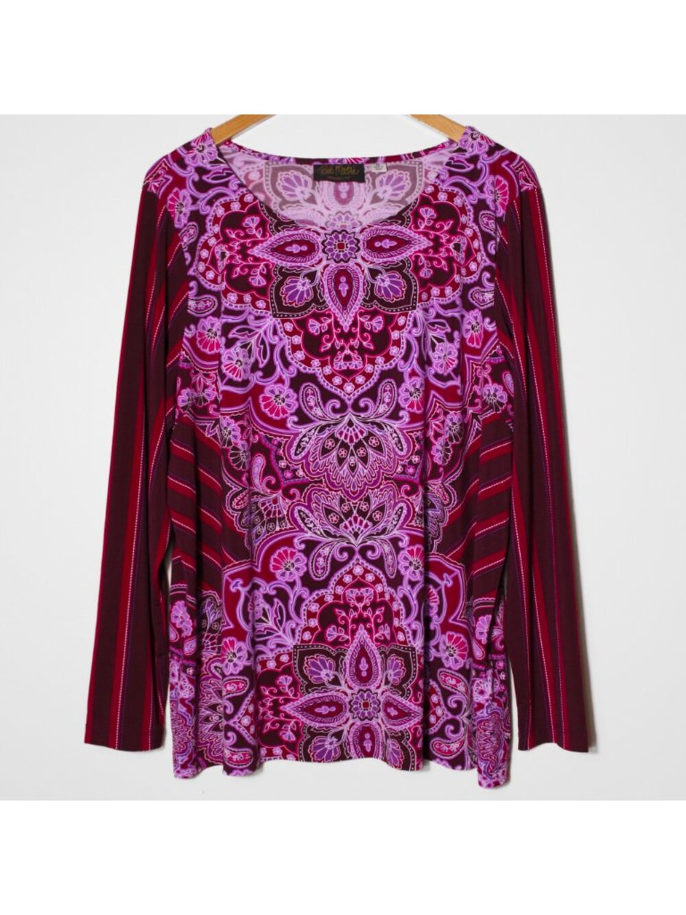 Bob Mackie Boho Mandala Paisley Print Stripe Top Art To Wear Purple Stretch XL